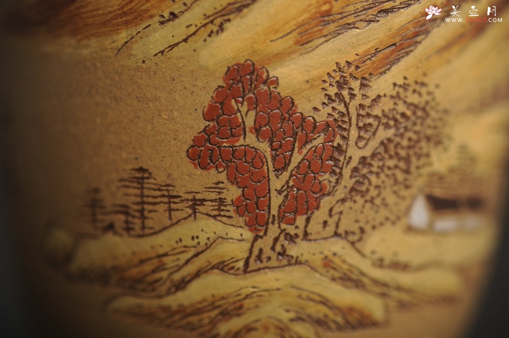 紫砂壶图片：美杯国庆特惠 精品好泥好工好刻雅致泥绘山水主人杯 茶人醉爱 - 宜兴紫砂壶网