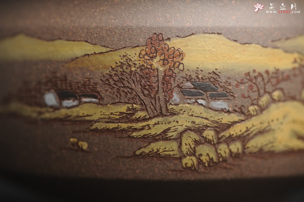 紫砂壶图片：美杯国庆特惠 精品好泥好工好刻雅致厚实泥绘山水主人杯 茶人醉爱 - 宜兴紫砂壶网