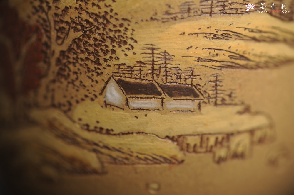 紫砂壶图片：美杯国庆特惠 精品好泥好工好刻雅致泥绘山水主人杯 茶人醉爱 - 宜兴紫砂壶网