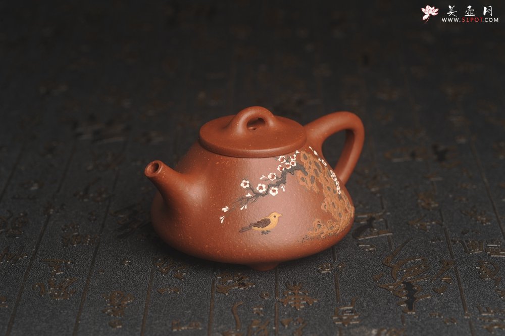 紫砂壶图片：美壶特惠 超精致特好降坡泥小品子冶石瓢 泥绘梅花鸟 特文气 - 宜兴紫砂壶网