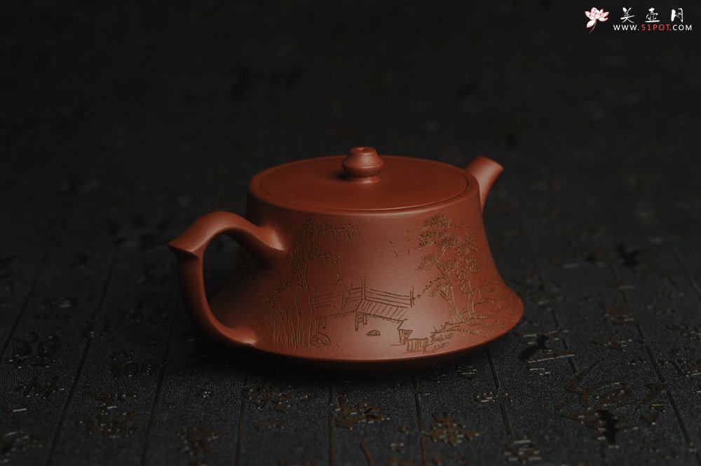 紫砂壶图片：美壶特惠 精致老清水泥通景山水曼生柱础壶 - 宜兴紫砂壶网