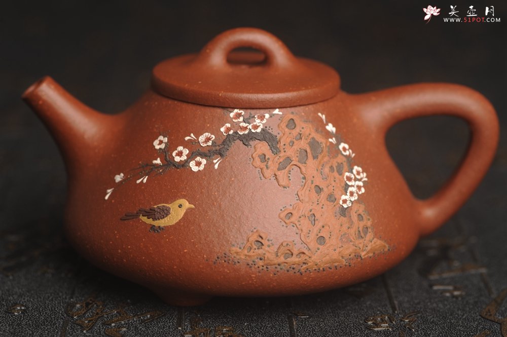 紫砂壶图片：美壶特惠 超精致特好降坡泥小品子冶石瓢 泥绘梅花鸟 特文气 - 宜兴紫砂壶网