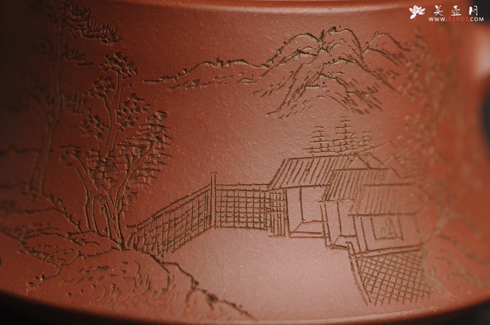 紫砂壶图片：美壶特惠 精致老清水泥通景山水曼生柱础壶 - 宜兴紫砂壶网