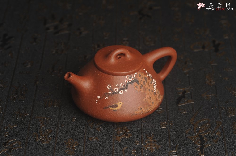 紫砂壶图片：美壶特惠 超精致特好降坡泥小品子冶石瓢 泥绘梅花鸟 特文气 - 宜兴紫砂壶网