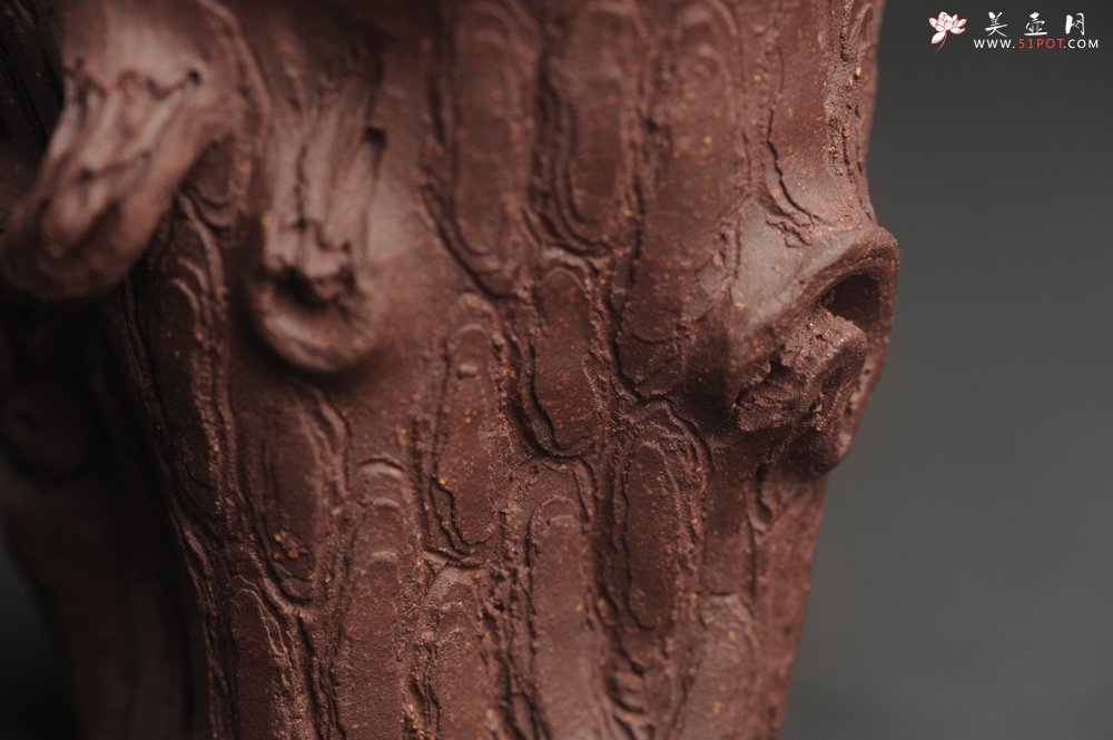 紫砂壶图片：潜力股作品 全手工优质紫泥松桩杯 肌理丰富 全推松皮逼真 枝干生动 - 宜兴紫砂壶网