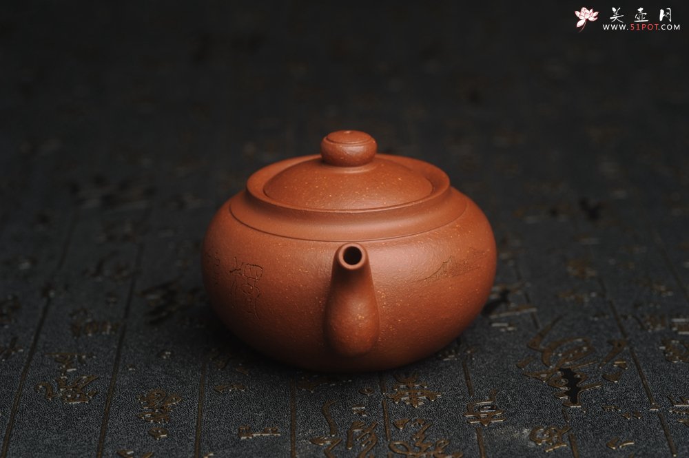 紫砂壶图片：特油润降坡泥 装饰山水 全手工大蕴存心壶 - 宜兴紫砂壶网