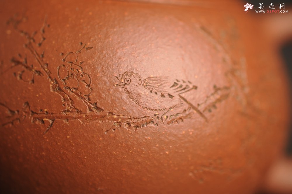 紫砂壶图片：油润降坡泥全手工小品西施壶 装饰喜上眉梢 特文气 - 宜兴紫砂壶网