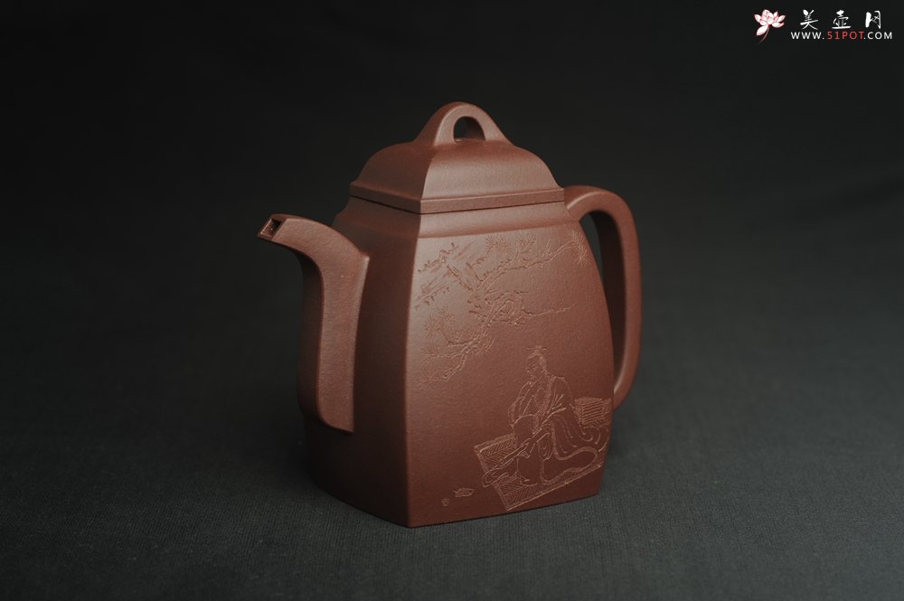 紫砂壶图片：全手工精致汉方壶 无事此静坐 有情且赋诗 禅意浓浓 - 宜兴紫砂壶网