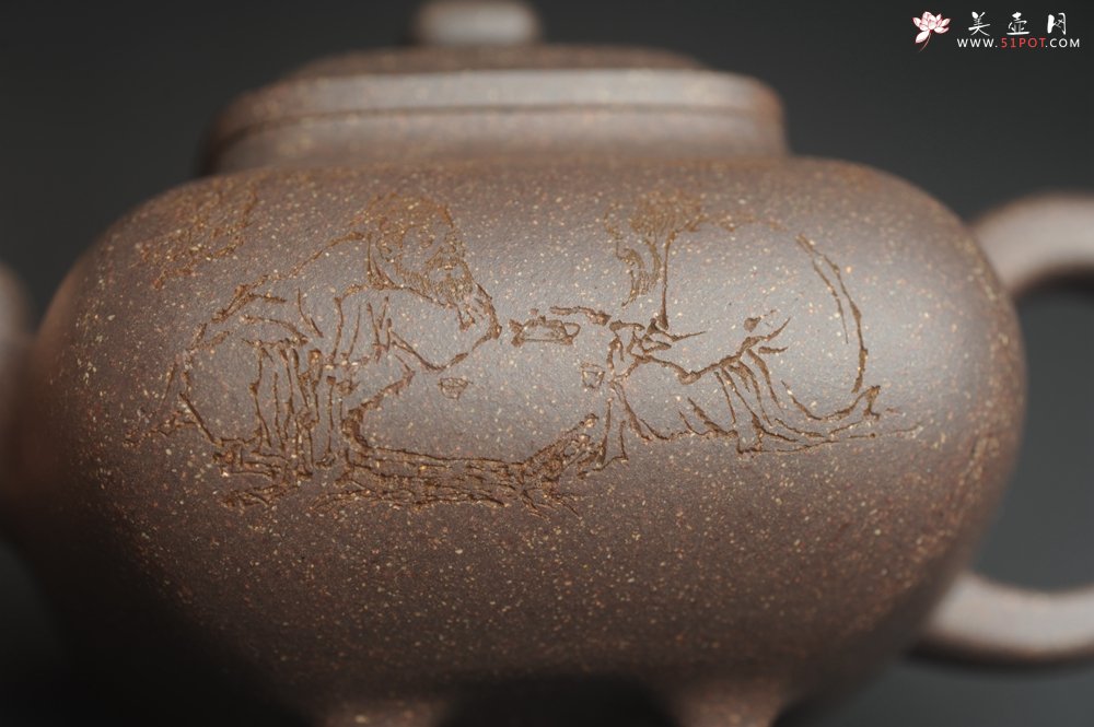 紫砂壶图片：实力派张海艳全手工特好老青灰段泥传炉壶 装饰人物 饮者寿 特文气 - 宜兴紫砂壶网