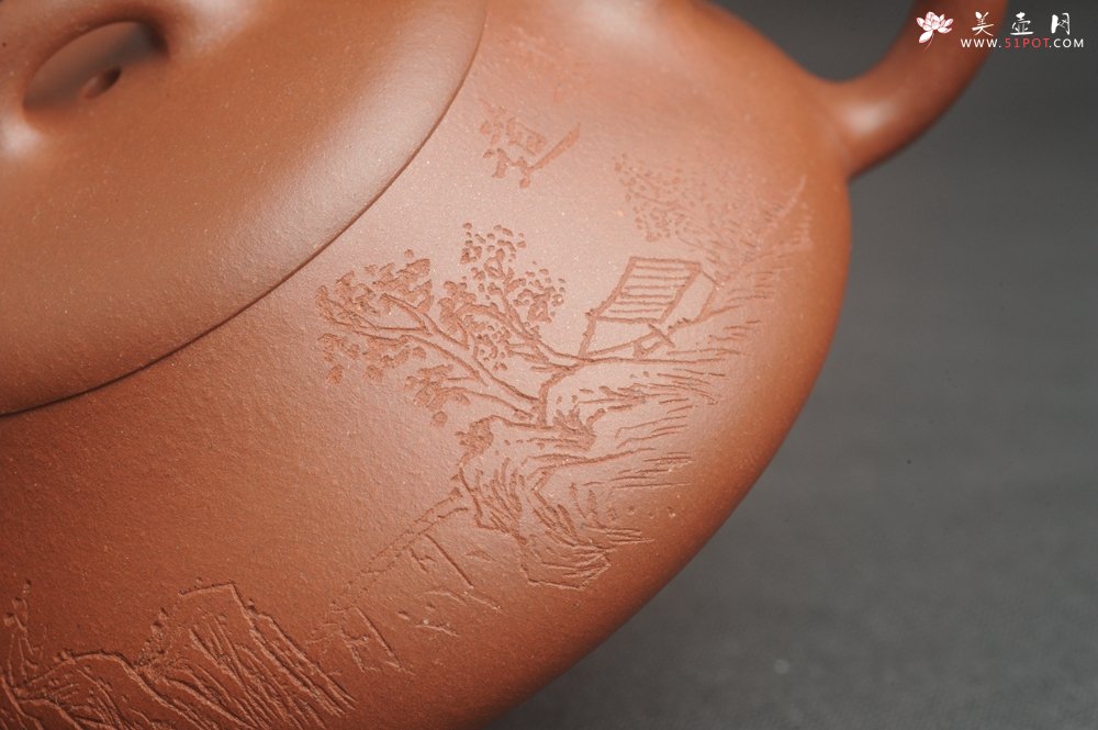 紫砂壶图片：特好底曹青全手工扁瓢  装饰山水 特文气 - 宜兴紫砂壶网