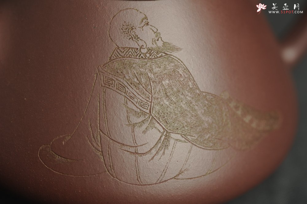 紫砂壶图片：油润底曹青 全手工特好子冶石瓢 装饰人物 特文气 - 宜兴紫砂壶网