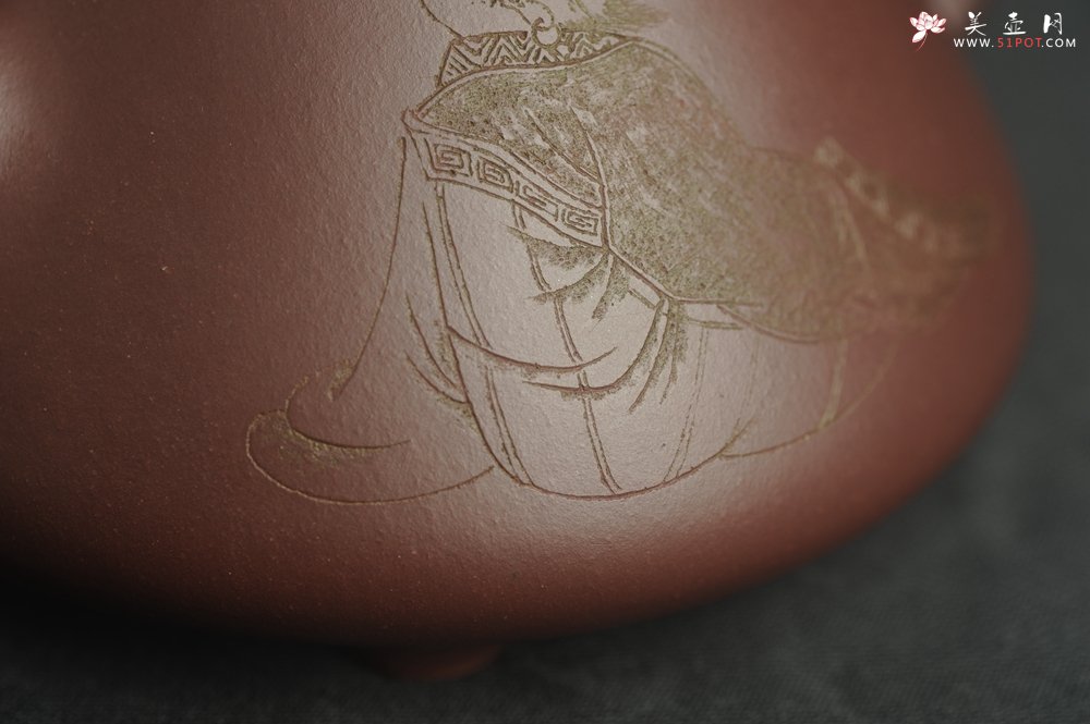 紫砂壶图片：油润底曹青 全手工特好子冶石瓢 装饰人物 特文气 - 宜兴紫砂壶网