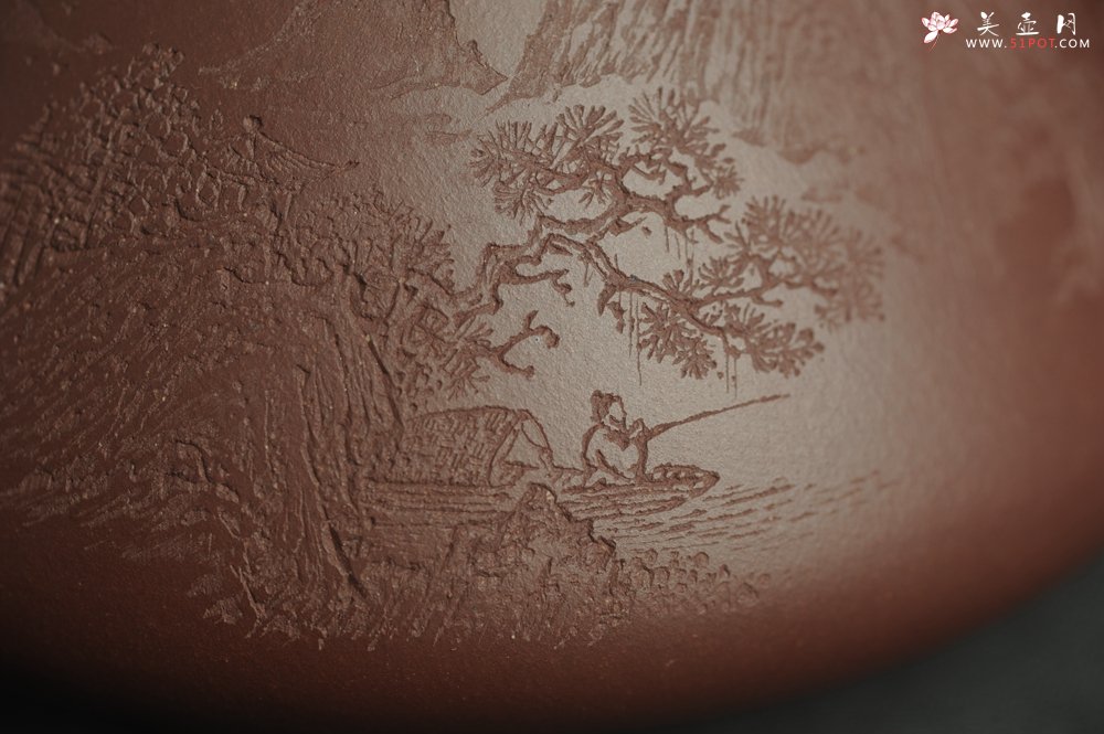 紫砂壶图片：油润底曹青 全手工特好子冶石瓢 强强联合工艺师刘彦飞装饰山水图 特文气 - 宜兴紫砂壶网