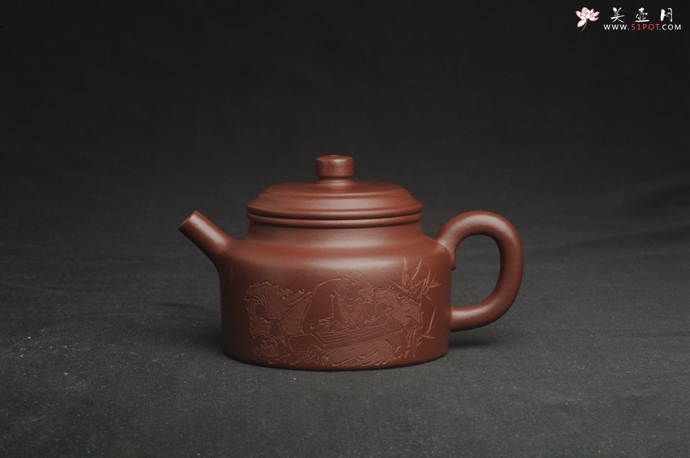 紫砂壶图片：油润黄龙山4号深井红皮龙 全手工德中壶 做工特好 装饰抚琴图 特文气 - 宜兴紫砂壶网