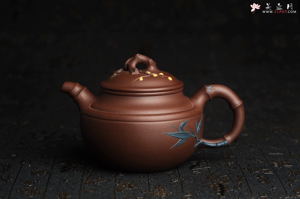 紫砂壶图片：美壶特惠 超精致紫泥松竹梅 竹鼓壶 - 宜兴紫砂壶网