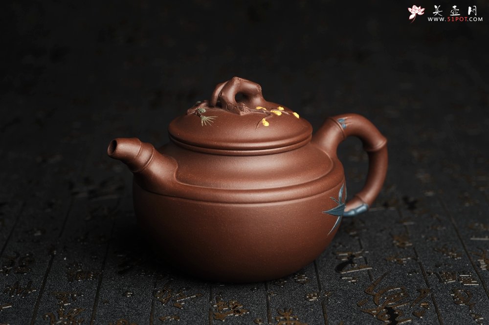 紫砂壶图片：美壶特惠 超精致紫泥松竹梅 竹鼓壶 - 宜兴紫砂壶网