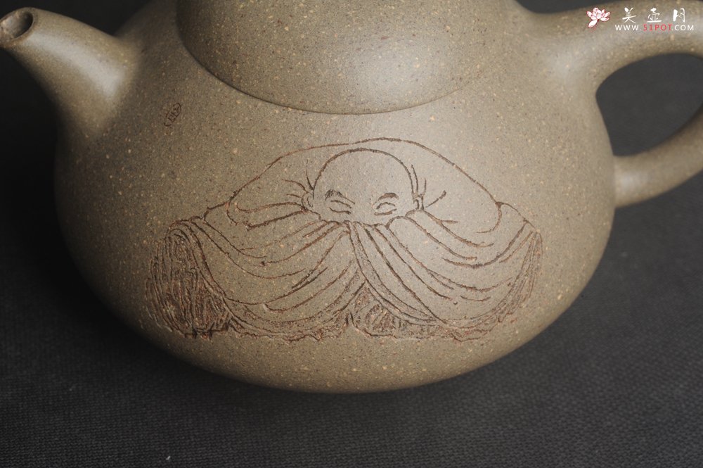 紫砂壶图片：美壶特惠 美壶网特供限量极品高温四号井老青段 精工乳瓢茶壶 装饰人物图 特文气 - 宜兴紫砂壶网