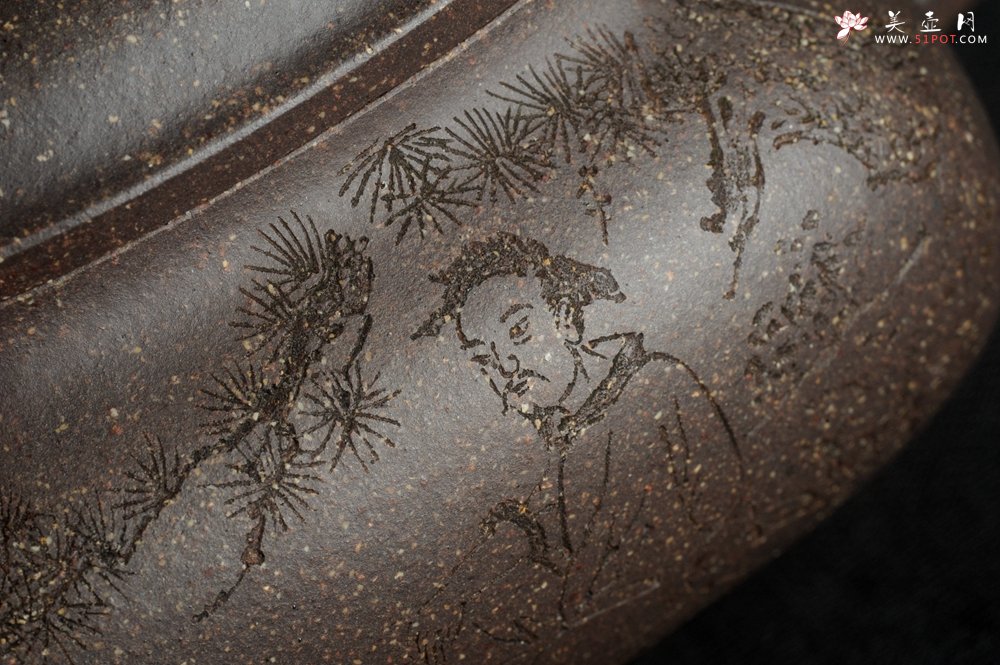 紫砂壶图片：实力派张海艳全手工特好老青灰段泥传炉壶 装饰人物 一杯清茗可沁诗脾  特文气 - 宜兴紫砂壶网