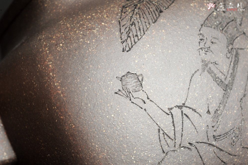 紫砂壶图片：实力派张海艳 全手工油润老青灰段泥重器鸣远四方 气势磅礴 用心之作 装饰人物特文气 - 宜兴紫砂壶网