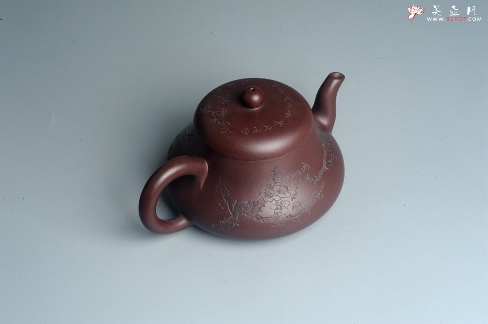 紫砂壶图片：油润底曹青 全手工君德茶壶 通转装饰梅花 特文气 - 宜兴紫砂壶网