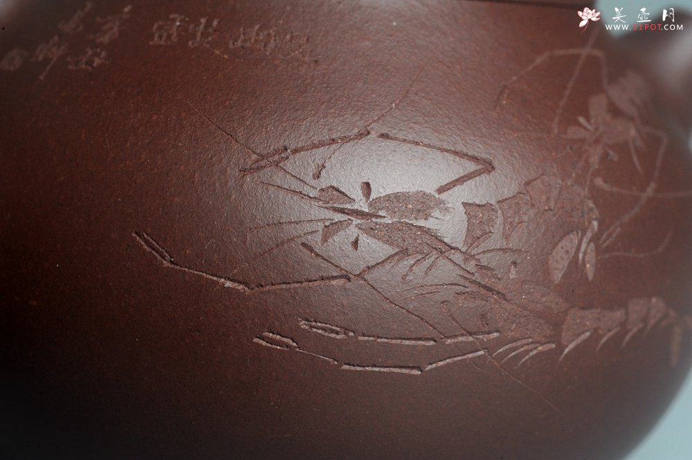 紫砂壶图片：油润底曹青 全手工文旦茶壶 上善若水 虾趣图 特文气 期待与亲结缘 - 宜兴紫砂壶网