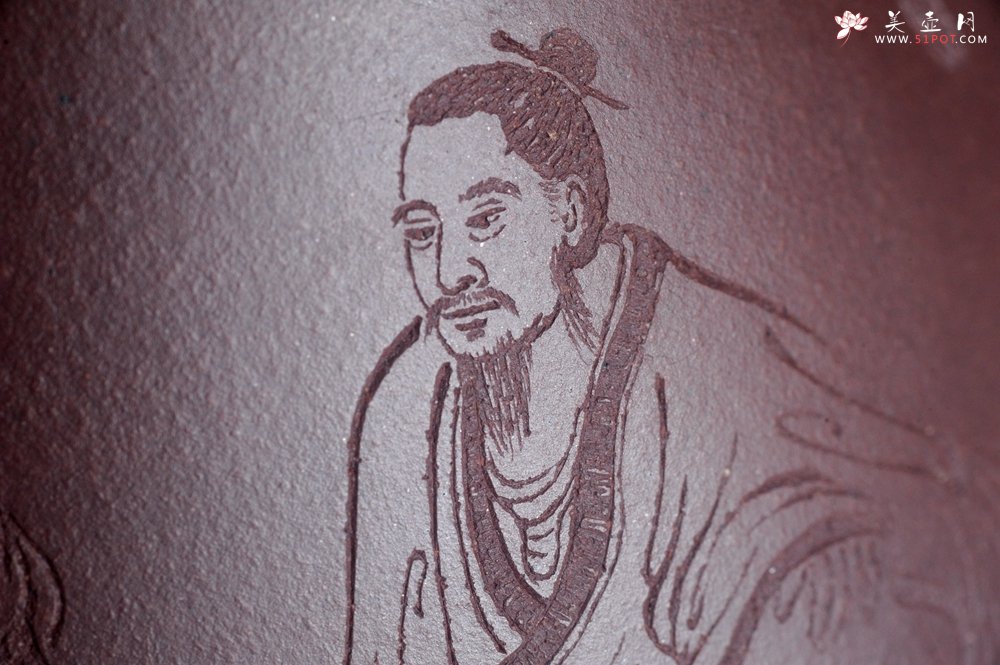 紫砂壶图片：实力派工艺师周斌 优质底槽青全手工精工 子冶石瓢壶 张听钢装饰人物 平生衣食随缘好 过得清闲便是仙 - 宜兴紫砂壶网