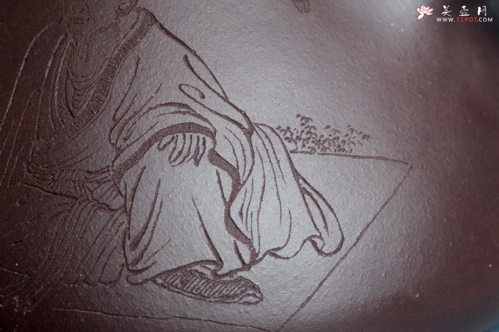 紫砂壶图片：实力派工艺师周斌 优质底槽青全手工精工 子冶石瓢壶 张听钢装饰人物 平生衣食随缘好 过得清闲便是仙 - 宜兴紫砂壶网