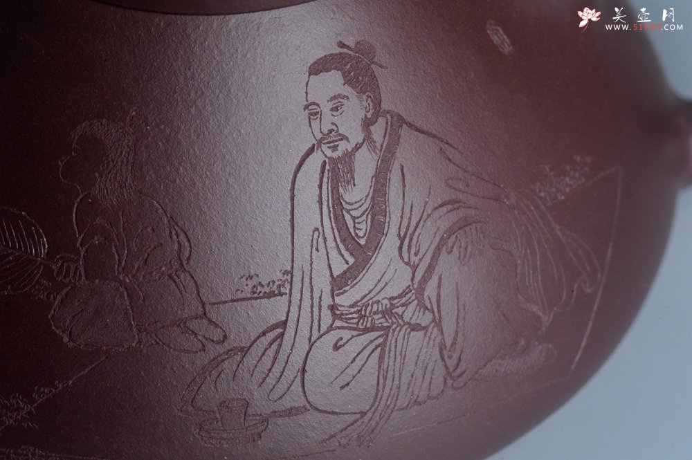 紫砂壶图片：实力派工艺师周斌 优质底槽青全手工精工 子冶石瓢壶 张听钢装饰人物 平生衣食随缘好 过得清闲便是仙 - 宜兴紫砂壶网