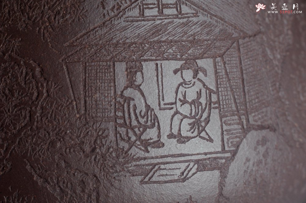 紫砂壶图片：实力派工艺师周斌 优质底槽青全手工精工 满瓢壶 张听钢装饰山水 好山一窗足 佳景四时宜 - 宜兴紫砂壶网