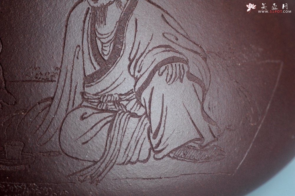 紫砂壶图片：实力派工艺师周斌 优质底槽青全手工精工 子冶石瓢壶 张听钢装饰人物 平生衣食随缘好 过得清闲便是仙 - 宜兴紫砂壶网