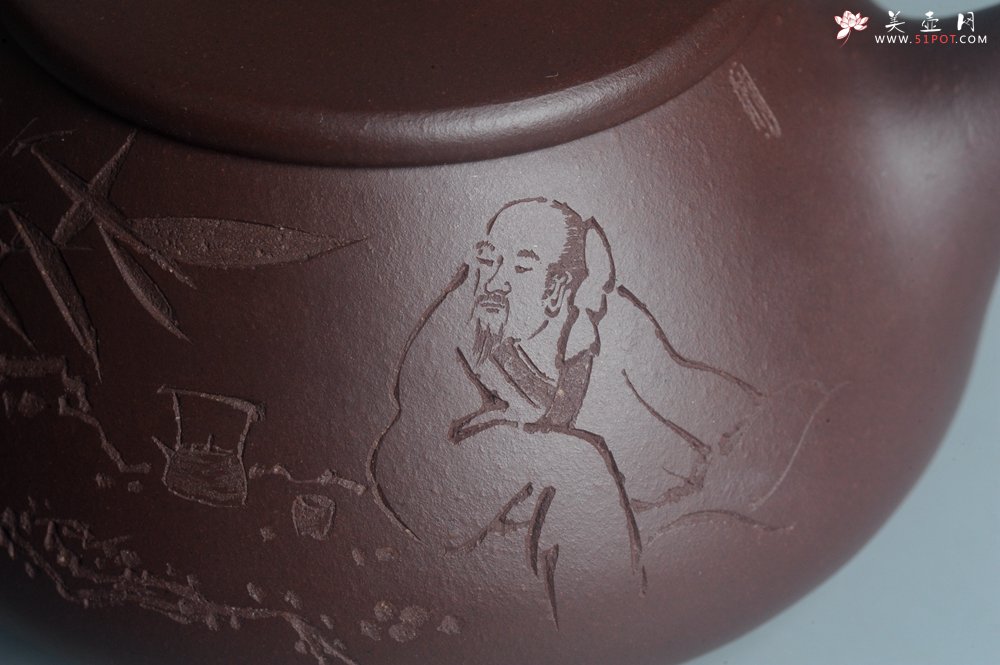 紫砂壶图片：实力派工艺师周斌 优质底槽青全手工精工满瓢壶 陶兴双刀装饰 特文气 玉壶写新竹 烹泉试乳茶 - 宜兴紫砂壶网