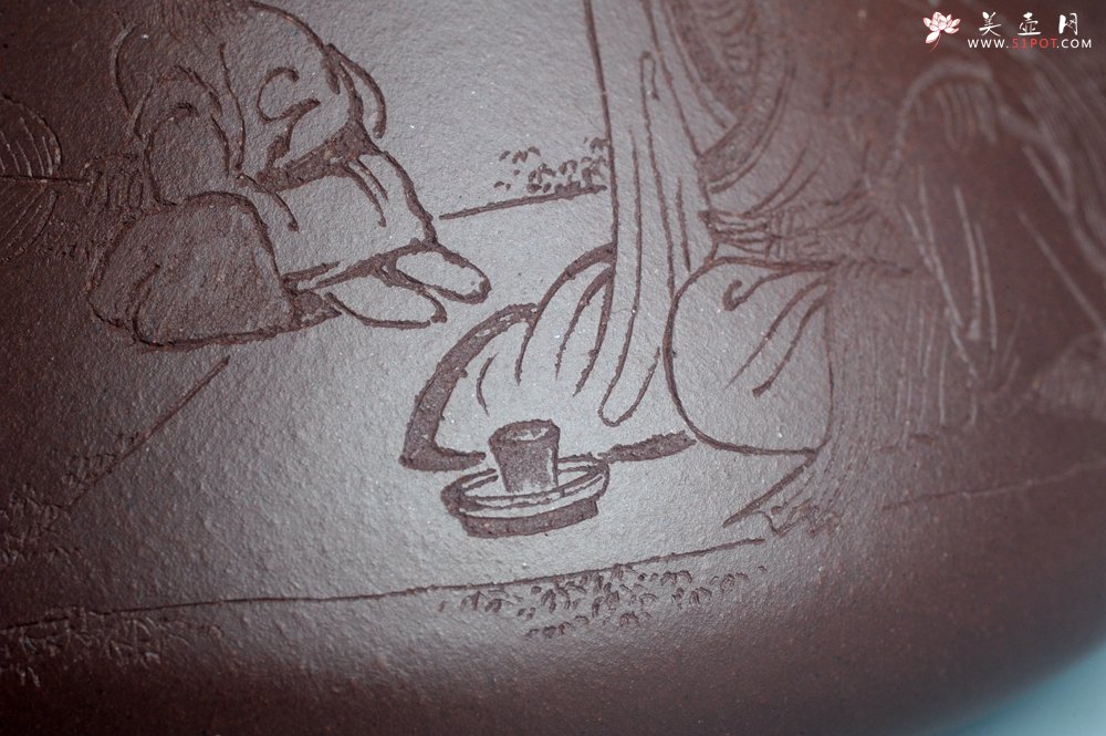 紫砂壶图片：实力派工艺师周斌 优质底槽青全手工精工 子冶石瓢壶 张听钢装饰人物 平生衣食随缘好 过得清闲便是仙 - 宜兴紫砂壶网