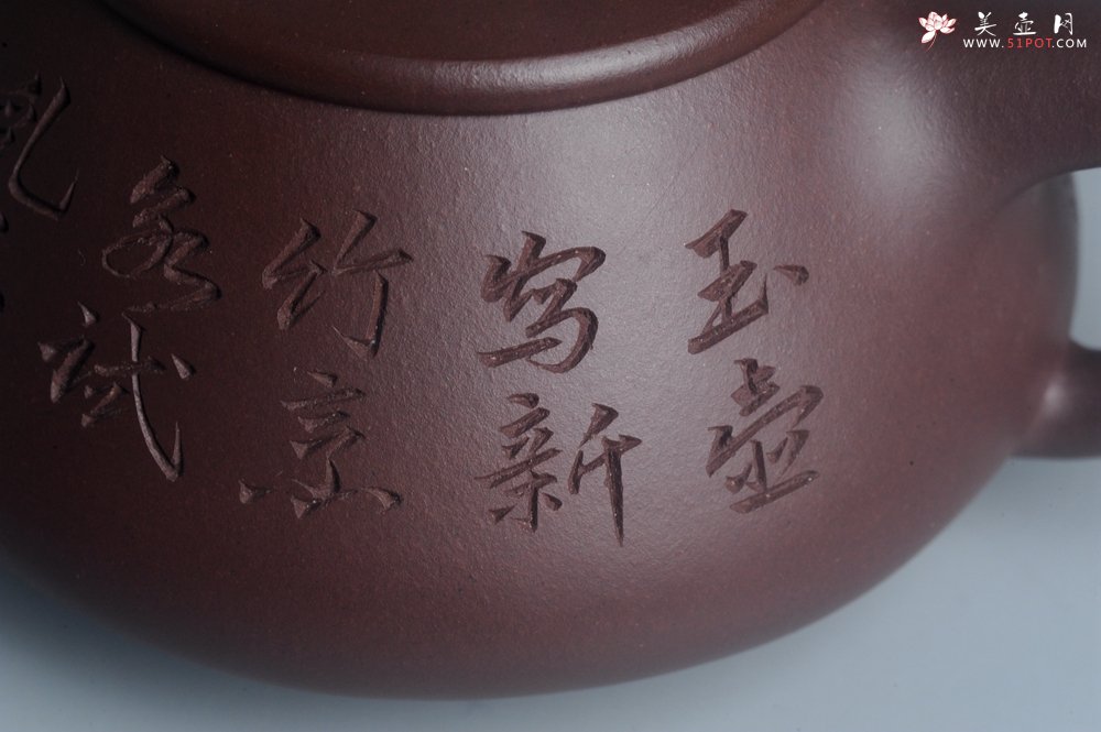 紫砂壶图片：实力派工艺师周斌 优质底槽青全手工精工满瓢壶 陶兴双刀装饰 特文气 玉壶写新竹 烹泉试乳茶 - 宜兴紫砂壶网