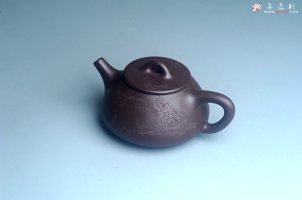 紫砂壶图片：油润底曹青 全手工石瓢壶 装饰喜上眉梢 特文气 - 宜兴紫砂壶网