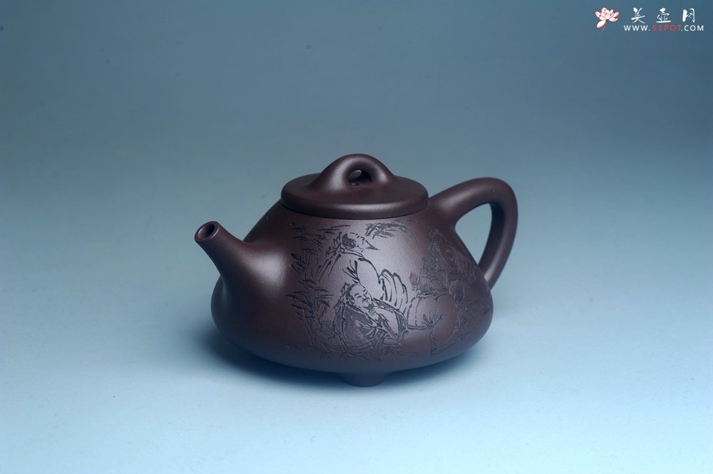 紫砂壶图片：实力派工艺师周斌优质底槽清全手工精工子冶石瓢 装饰竹林七贤 特文气 - 宜兴紫砂壶网