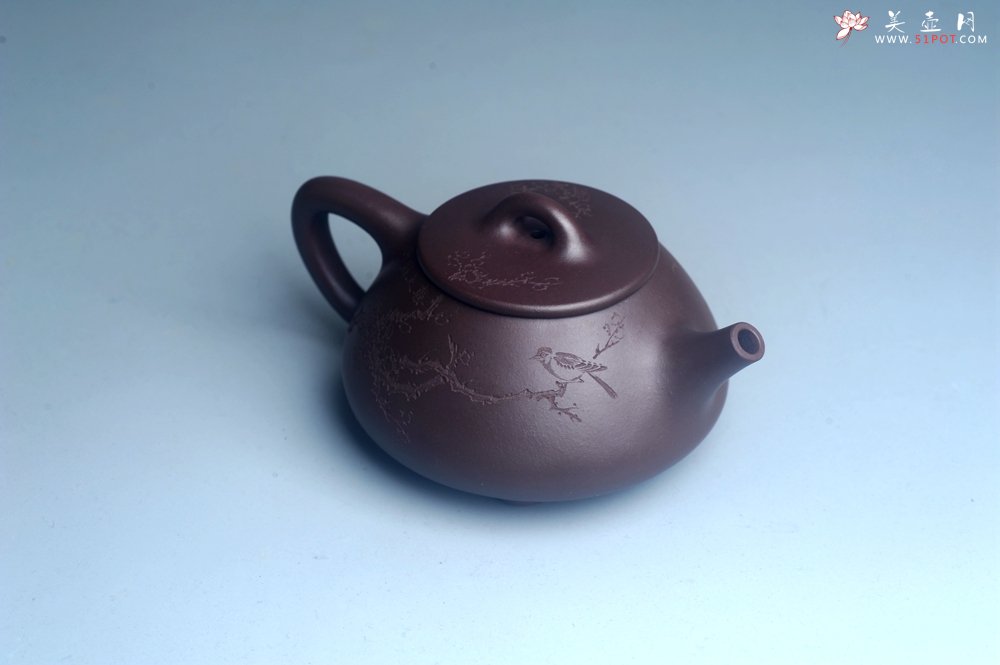 紫砂壶图片：油润底曹青 全手工石瓢壶 装饰喜上眉梢 特文气 - 宜兴紫砂壶网