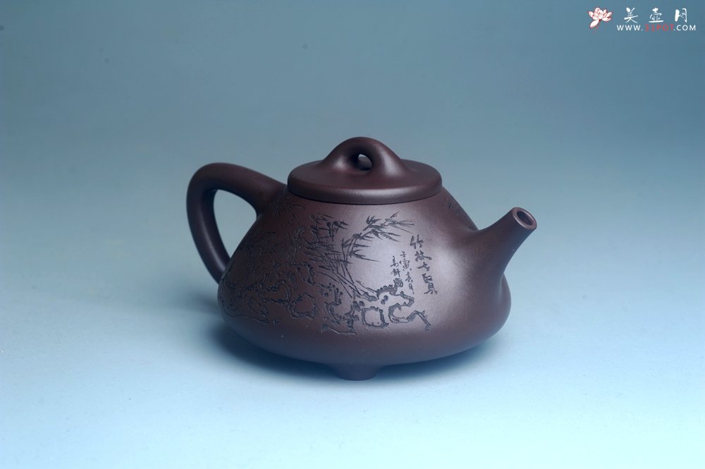 紫砂壶图片：实力派工艺师周斌优质底槽清全手工精工子冶石瓢 装饰竹林七贤 特文气 - 宜兴紫砂壶网