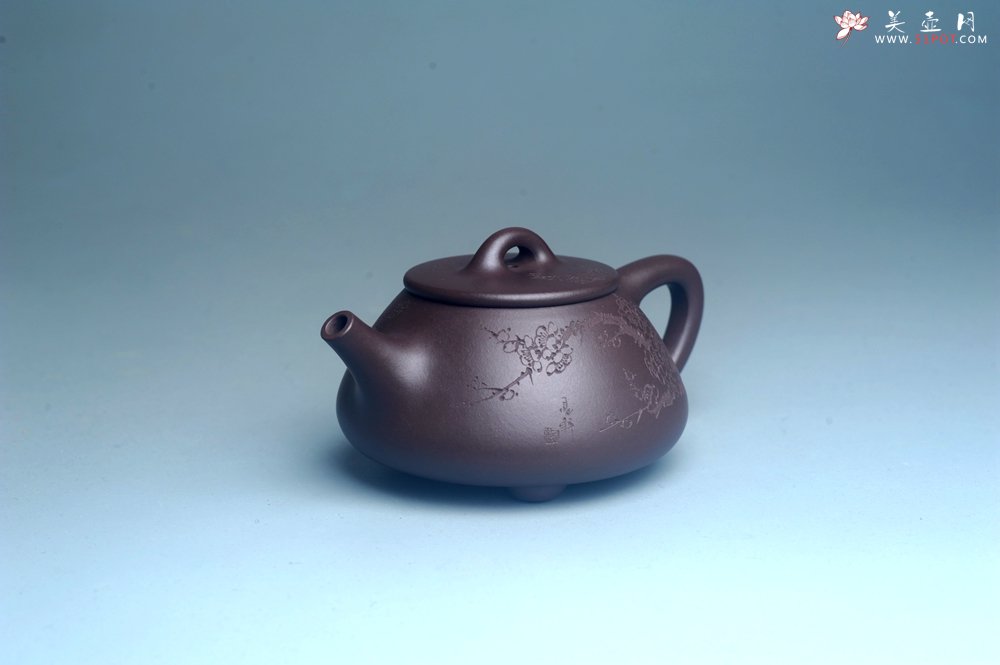 紫砂壶图片：油润底曹青 全手工石瓢壶 装饰喜上眉梢 特文气 - 宜兴紫砂壶网
