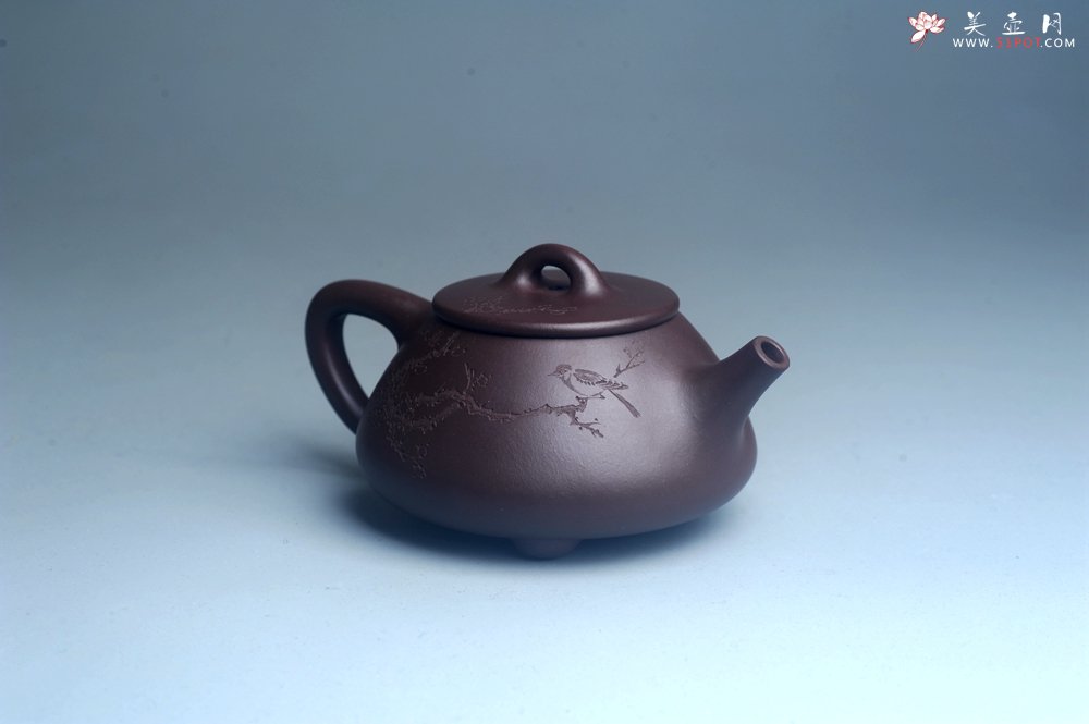 紫砂壶图片：油润底曹青 全手工石瓢壶 装饰喜上眉梢 特文气 - 宜兴紫砂壶网