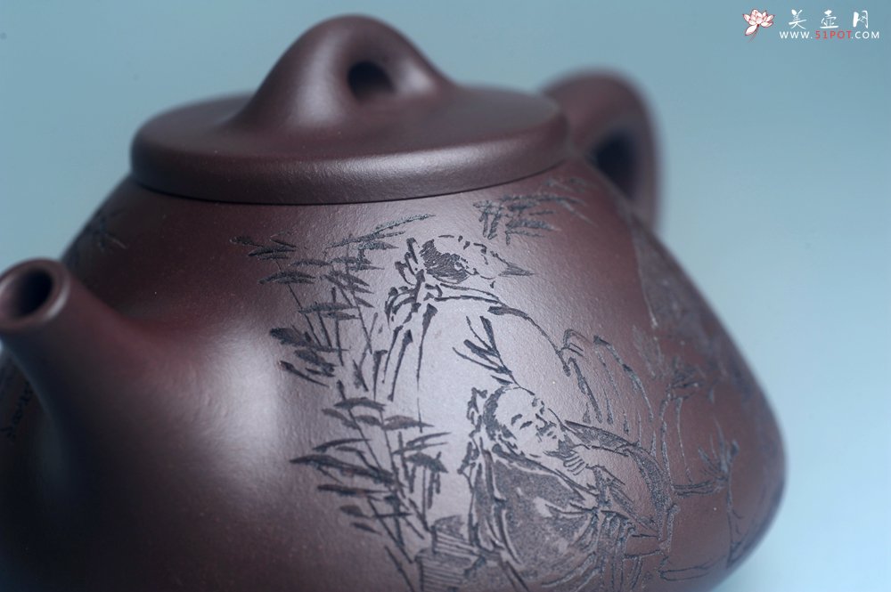 紫砂壶图片：实力派工艺师周斌优质底槽清全手工精工子冶石瓢 装饰竹林七贤 特文气 - 宜兴紫砂壶网