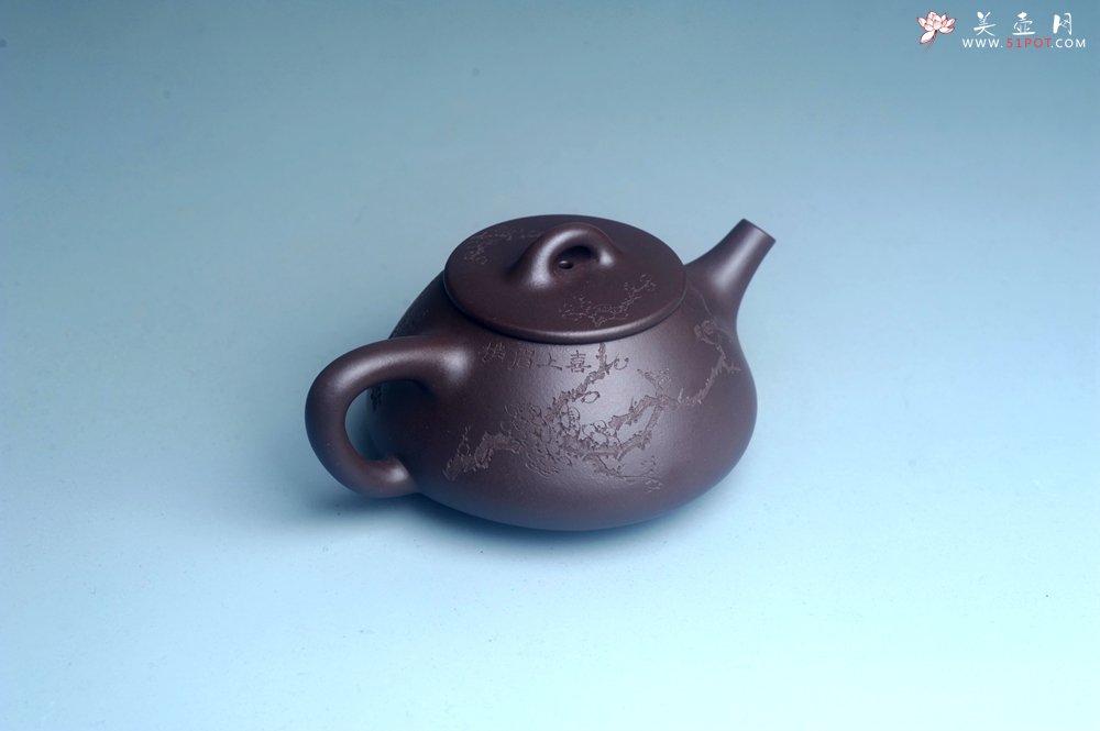 紫砂壶图片：油润底曹青 全手工石瓢壶 装饰喜上眉梢 特文气 - 宜兴紫砂壶网