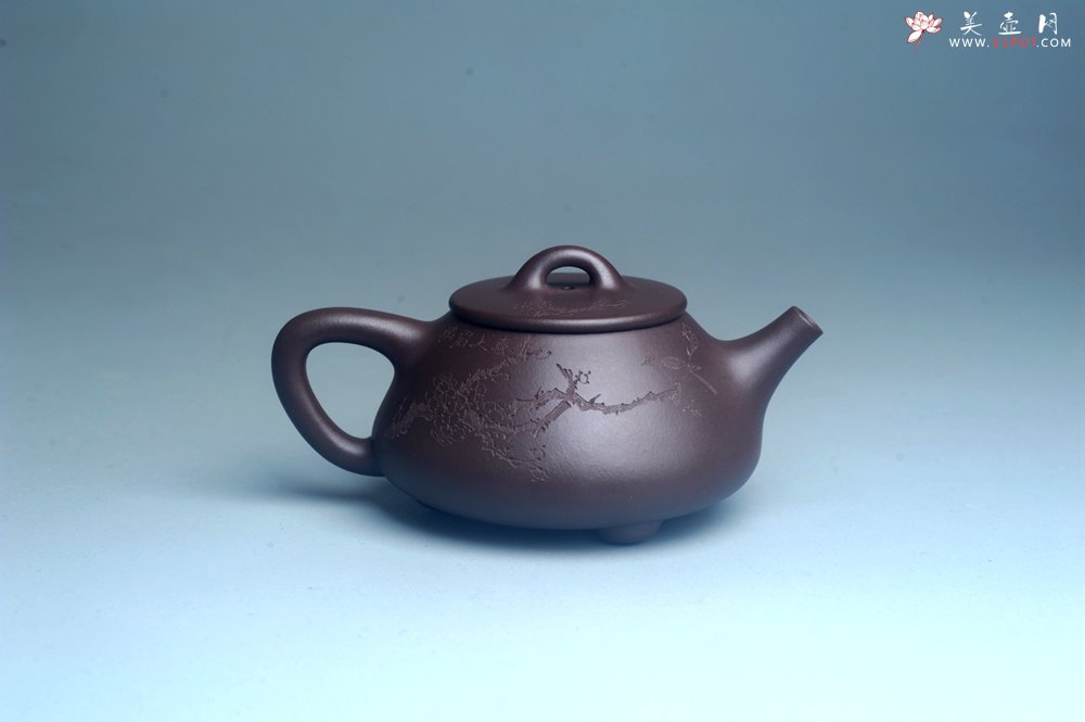 紫砂壶图片：油润底曹青 全手工石瓢壶 装饰喜上眉梢 特文气 - 宜兴紫砂壶网
