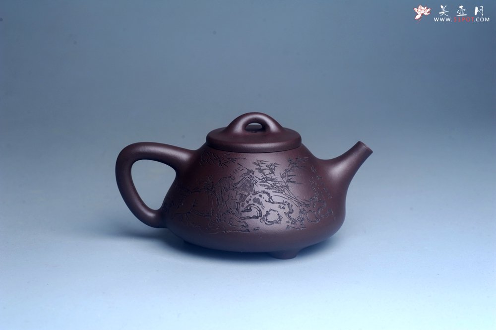 紫砂壶图片：实力派工艺师周斌优质底槽清全手工精工子冶石瓢 装饰竹林七贤 特文气 - 宜兴紫砂壶网