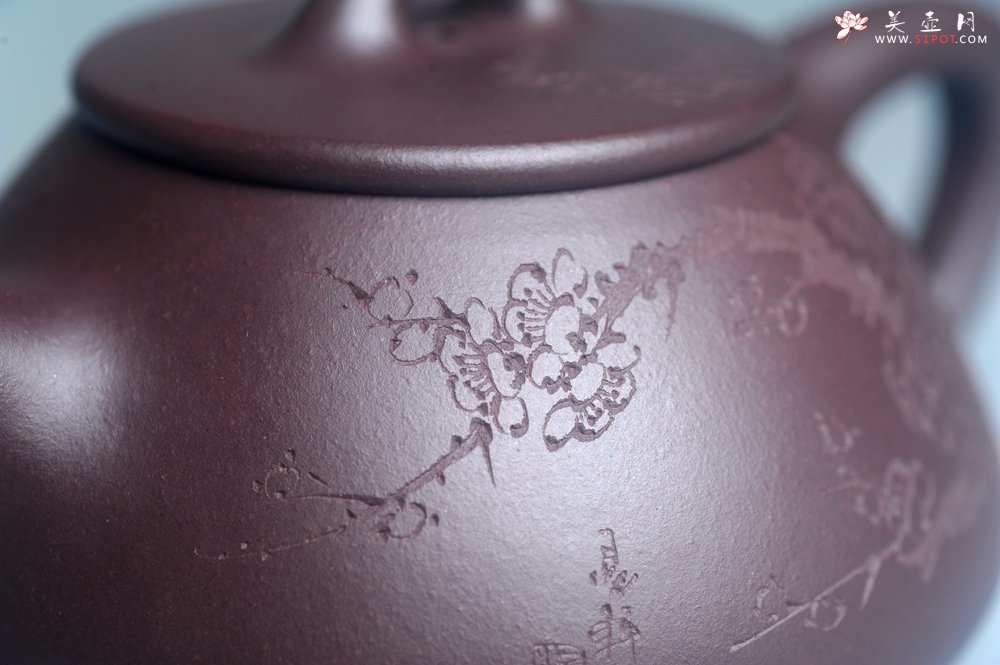 紫砂壶图片：油润底曹青 全手工石瓢壶 装饰喜上眉梢 特文气 - 宜兴紫砂壶网