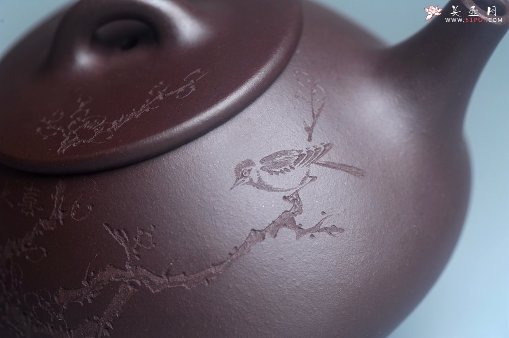 紫砂壶图片：油润底曹青 全手工石瓢壶 装饰喜上眉梢 特文气 - 宜兴紫砂壶网