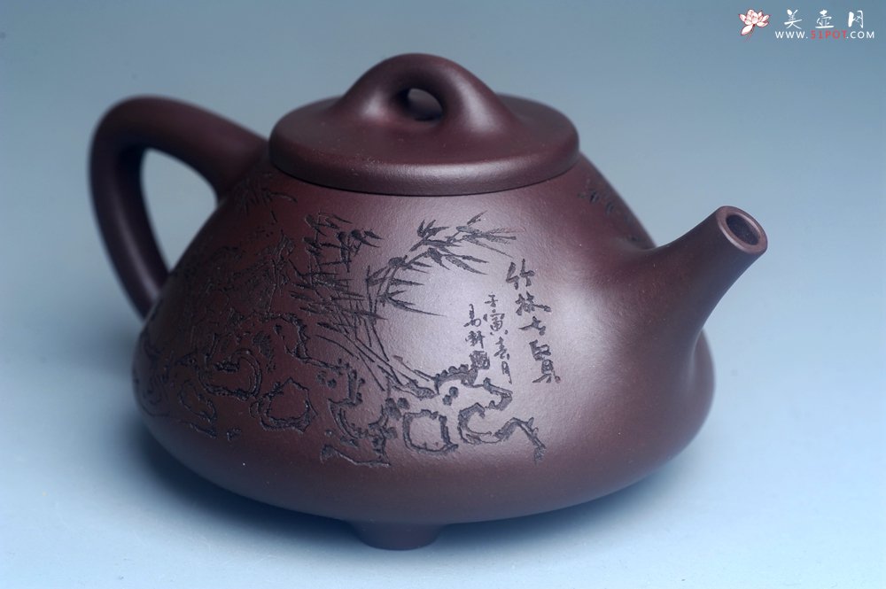 紫砂壶图片：实力派工艺师周斌优质底槽清全手工精工子冶石瓢 装饰竹林七贤 特文气 - 宜兴紫砂壶网