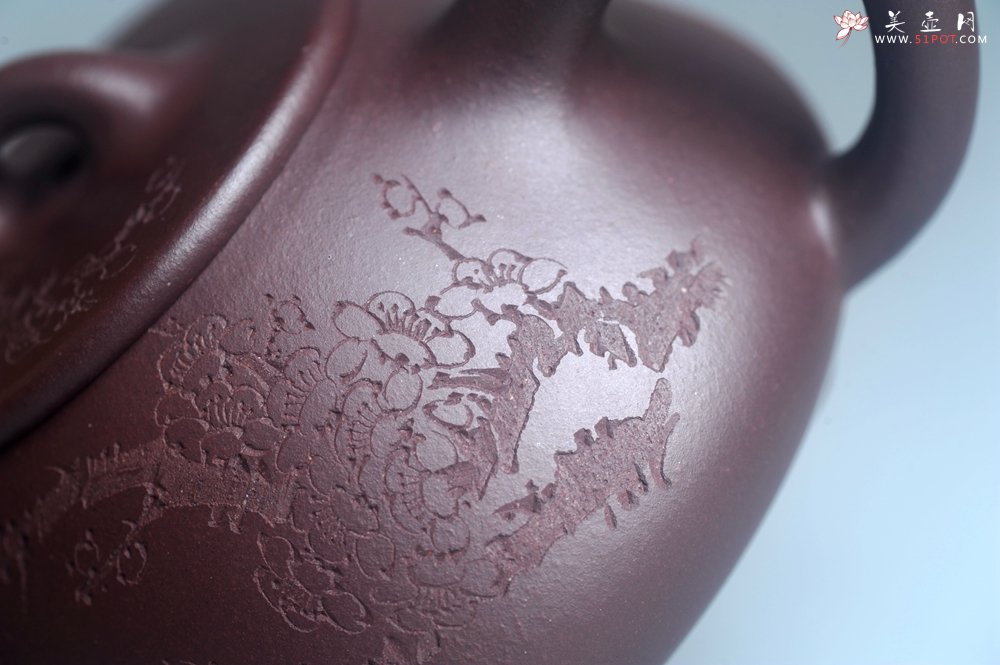 紫砂壶图片：油润底曹青 全手工石瓢壶 装饰喜上眉梢 特文气 - 宜兴紫砂壶网