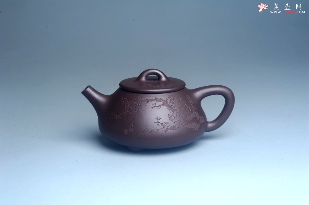紫砂壶图片：油润底曹青 全手工石瓢壶 装饰喜上眉梢 特文气 - 宜兴紫砂壶网
