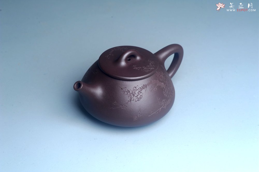 紫砂壶图片：油润底曹青 全手工石瓢壶 装饰喜上眉梢 特文气 - 宜兴紫砂壶网
