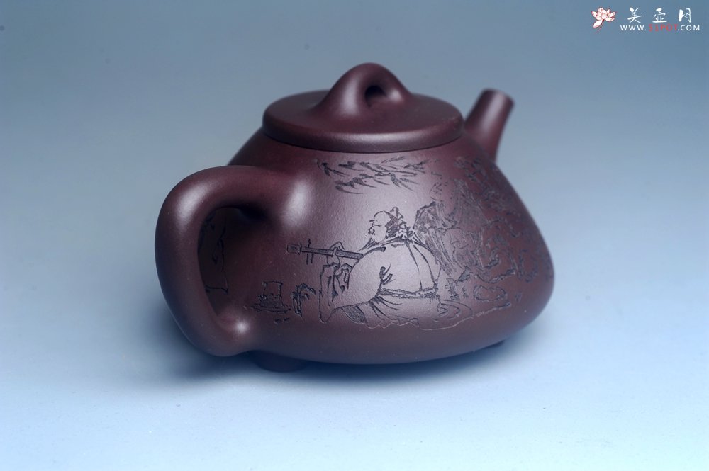 紫砂壶图片：实力派工艺师周斌优质底槽清全手工精工子冶石瓢 装饰竹林七贤 特文气 - 宜兴紫砂壶网